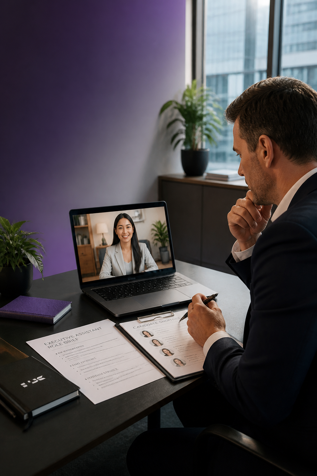 An Australian client reviewing an Executive Assistant candidate during a video interview